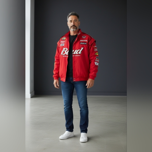Chase Authentics Red Budweiser NASCAR Bomber Jacket Dale Earnhardt Jr. - Picture 13 of 14